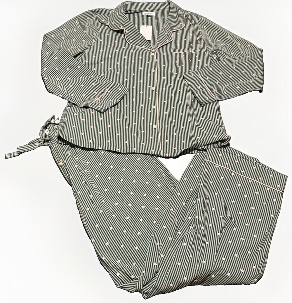 NWT Nordstrom 100% Cotton Green Stripe Hearts 2 Piece Pajama Set Women's Sz L